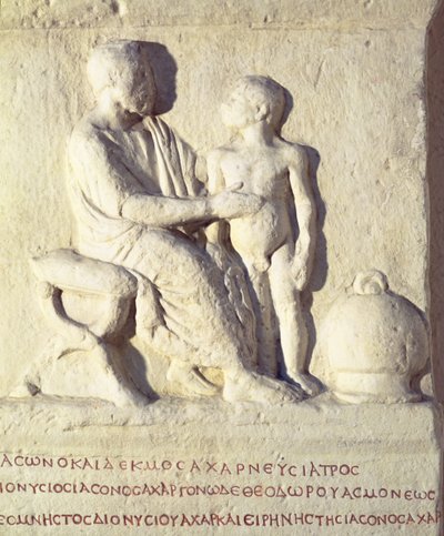 Relief depicting a visit to the doctor with Greek inscription by Roman